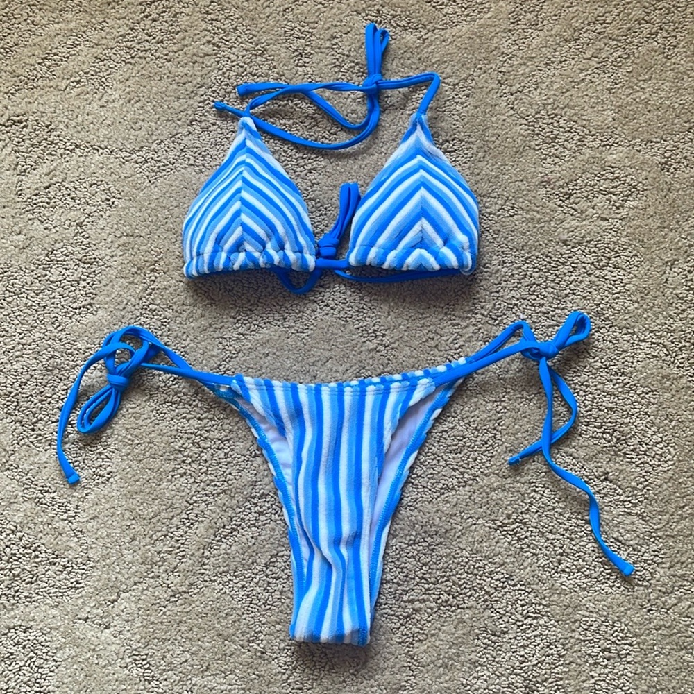 Blue towel triangle bikini top and bottom set